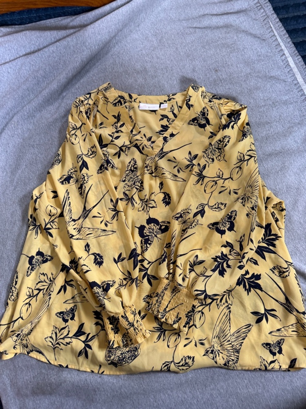 Belle by Kim Gravel Mustard Yellow Blouse with Navy Bird & Floral Print